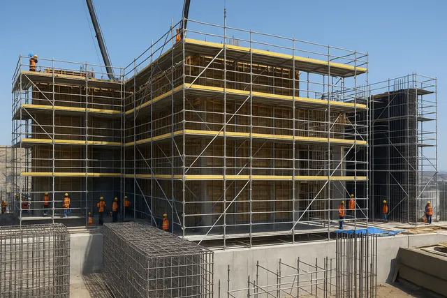 Edificio en construcción rodeado de andamios tubulares, con cuadrilla trabajando