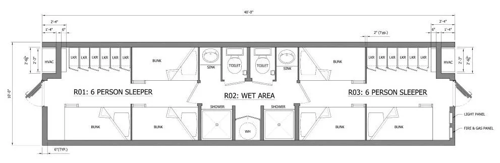 Diagrama de distribución del contenedor habitacional de 12 personas