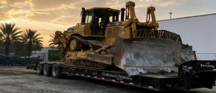 Bulldozer transportado sobre plataforma de cama baja (lowboy)